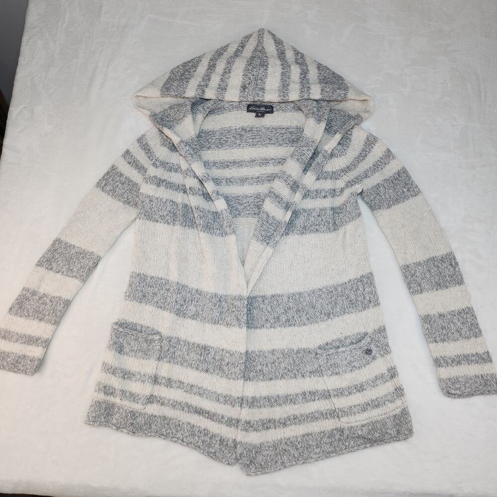 Eddie Bauer Sleepwear Sweater Womens XS S Hooded Cardigan Gray White Striped